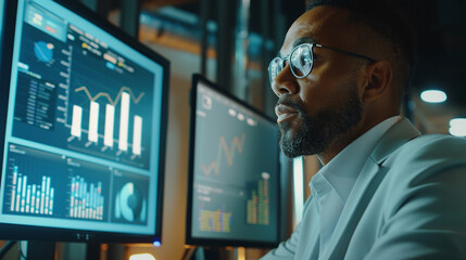 Fototapeta premium Businessman evaluating market data during a financial strategy session with ROI and budget analysis