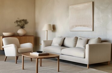 Fototapeta premium Modern Living Room With Plush Armchair and Wooden Cabinet