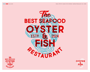 "Oyster and Fish" seafood restaurant emblem. Letters on and oyster backgrouns. Vintage style sign.