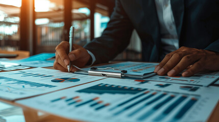 Businessman preparing for a strategy session with comprehensive data charts investment analysis