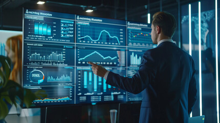 Businessman working on financial projections with investment data trend analysis