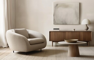 Modern Living Room With Plush Armchair and Wooden Cabinet