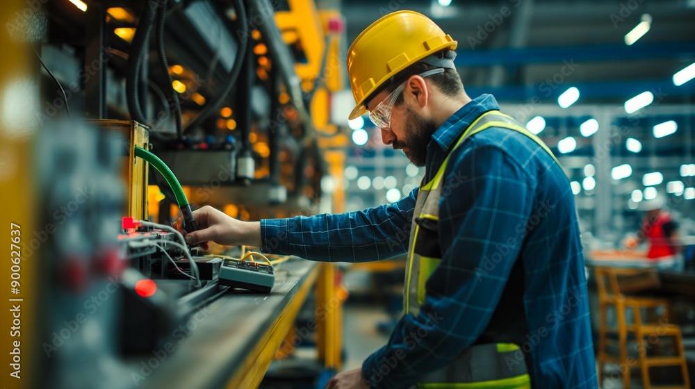Poster industrial expertise: fine-tuning machinery in modern factory. technician using a multimeter to chec