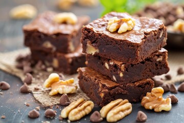 Delicious homemade walnut chocolate brownies with rich cocoa, gourmet chocolate chips, and indulgent walnut topping