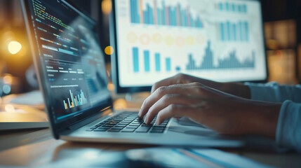 Closeup hand using computer reviewing profit and loss financial
