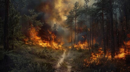 Obraz premium A forest trail is completely surrounded by intense flames and smoke, creating a dramatic and dangerous environment in the woods