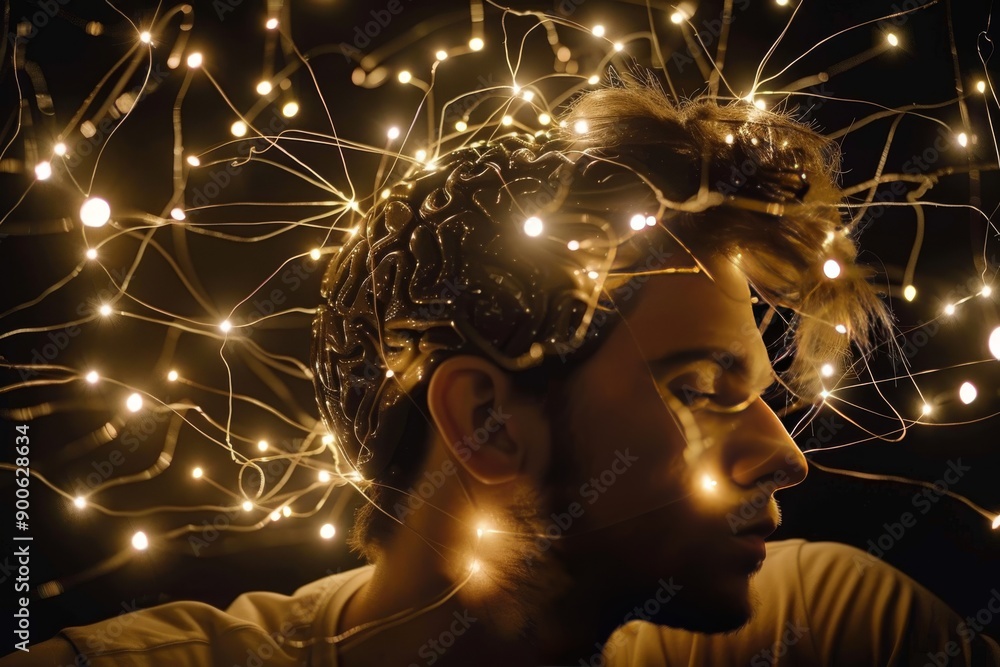 Poster man with glowing neural connections in dark environment