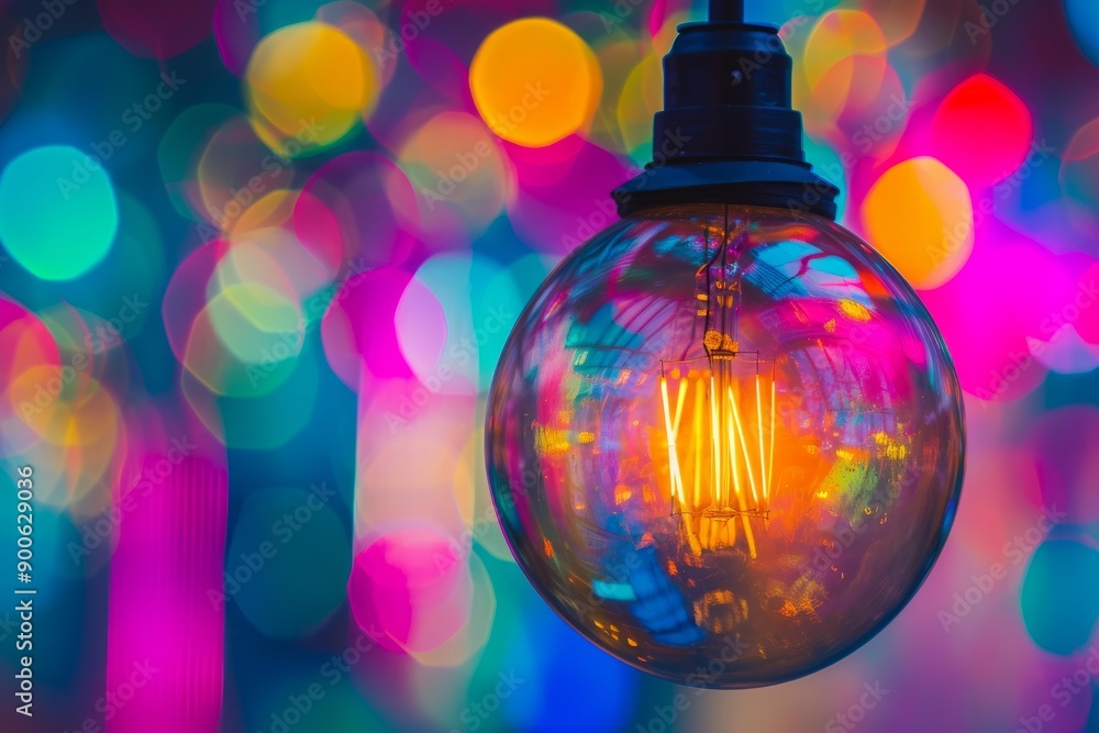 Poster close-up of an illuminated edison bulb with colorful bokeh background
