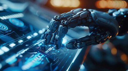 Closeup hand using computer researching AI advancements artificial intelligence
