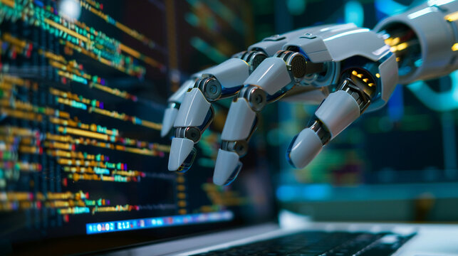 Closeup hand using computer programming AI software artificial intelligence