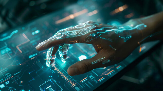 Closeup hand using computer monitoring AI performance artificial intelligence