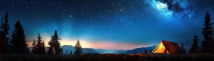 Fototapeta premium A serene night scene featuring a cozy tent under a starry sky, surrounded by tranquil nature and the beauty of the cosmos.