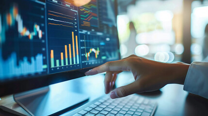 Closeup hand using computer analyzing AI data machine learning