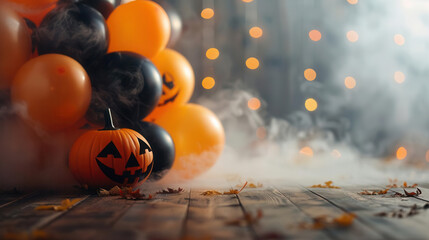 A Halloween party scene with a fog machine, orange and black balloons, and carved pumpkins
