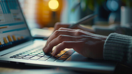 Closeup hand using computer generating financial reports statements