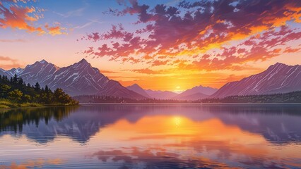 Fototapeta premium Sunset Landscape Illustration with Lake and Mountains