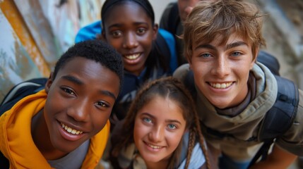 Obraz premium Group of teenagers smiling warmly, standing close together outdoors, showcasing their friendship.