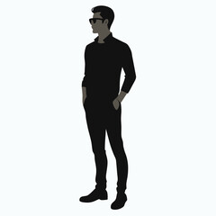 Obraz premium jeans fashion man stand with wear sunglass and stylish pose vector silhouette,