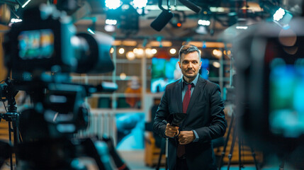 News reporter conducting live interview in studio news