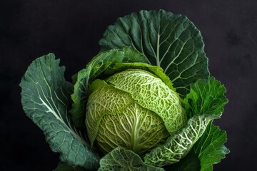 Fototapeta premium Vibrant, organic savoy cabbage with lush leaves against a dark backdrop