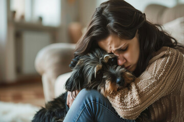 Woman in cozy sweater at home hugging her sick dog in a comforting embrace, pet sickness and mental health concept 