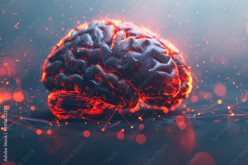 Poster glowing brain with neural connections in dark environment representing digital intelligence