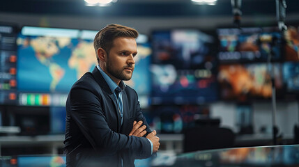 Fototapeta premium News reporter discussing weather forecast in studio news