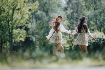 Two young girls, dressed in matching white dresses, run hand-in-hand through a lush green park on a...