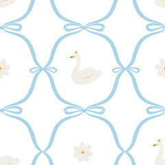 Beautiful seamless pattern in old vintage retro style with ornament and swan illustrations. Wallpaper print design. Stock illustration.