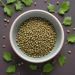 A ceramic bowl showcasing the contrast between the warm brown tones of the dried coriander seeds and the vibrant green of the fresh coriander leaves