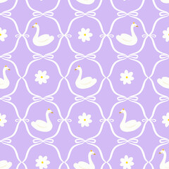 Beautiful seamless pattern in old vintage retro style with ornament and swan illustrations. Wallpaper print design. Stock illustration.