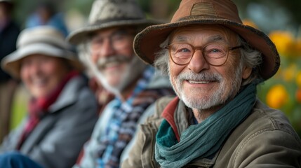 Obraz premium Joyful elderly man in hat and glasses smiles, with friends in the background.