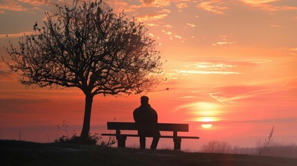 Obraz premium A solitary figure sits on a bench under a tree, contemplating life as the sun sets, casting vibrant colors across the sky