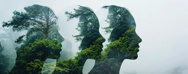 illustration of a row of people made of trees on a white background