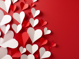 Paper heart background with copy space. White and Red Valentine's day wallpaper with cut-out love hearts. 