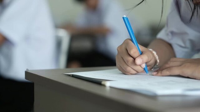 Close up hand of student reading and writing exam answer sheets exercises with stress in classroom