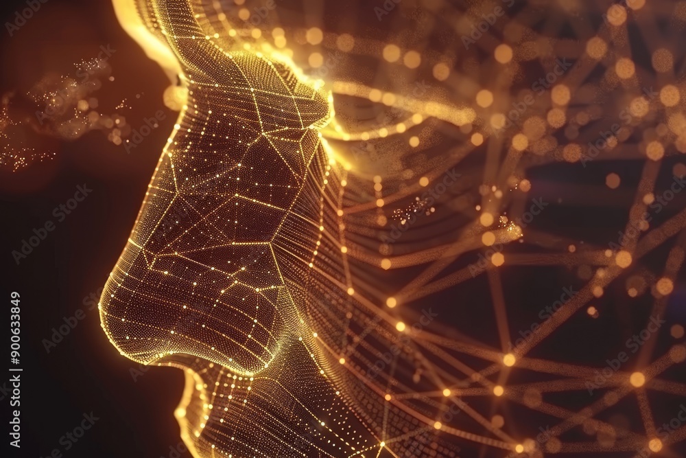 Poster golden digital face with neural pathways and glowing particles in dark environment