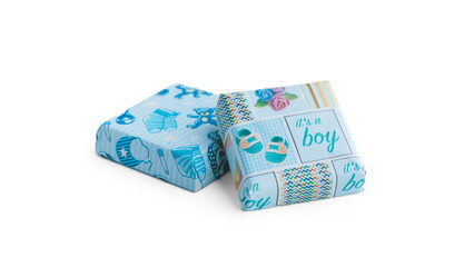 Milk chocolate pieces with Blue cover for baby boy on a white background