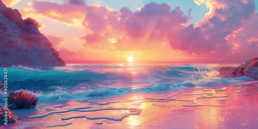 Wall mural Beautiful untouched beach at sunset with a colorful sky and gentle waves
