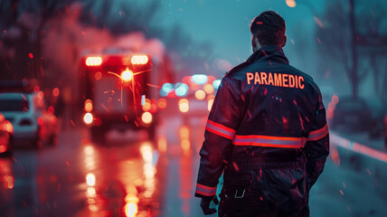 A paramedic at night in the city, responding to an emergency.