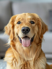 Happy golden retriever with tongue out indoors