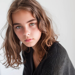 Naklejka premium A young woman with long brown hair and green eyes is posing for a photo