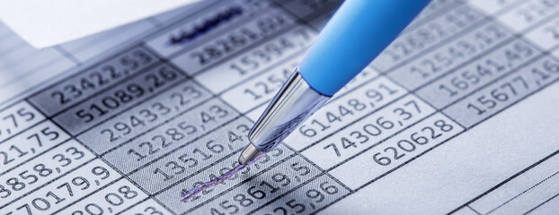 Accounting document with pen, money, coins and checking financial chart. Concept of banking,...