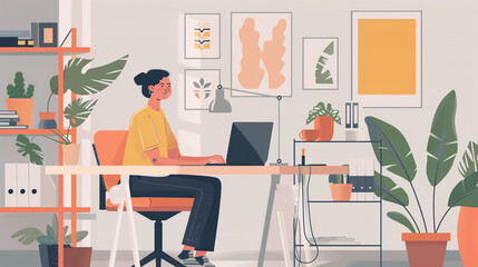 Cheerful entrepreneur managing remote tasks in a cozy home office with greenery