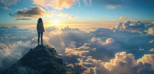 a woman standing on a mountain peak with a sea of ​​clouds and a beautiful sunset in the background