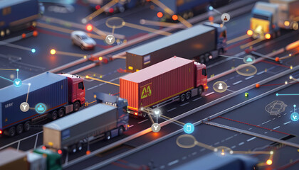 Interactive Digital Supply Chain Interface, cutting-edge digital interface displaying a network of transportation routes and logistics supplier connections, effective supply chain management.
