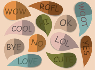 Paper cut out style. Set of speech bubbles with dialogue words hi wow love hi cool lol. Autumn colour palette