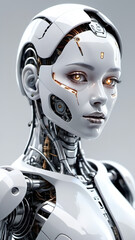 Beautiful artificial female robot humanoid with yellow romantic eyes portrait.