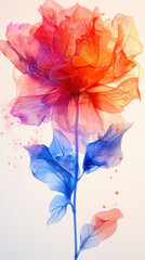 Delicate abstract watercolor flower with transparent red and blue petals, creating a dreamy and ethereal effect on a light background