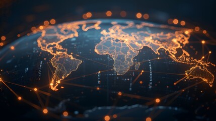 Obraz premium Global Network, Illuminated: A breathtaking 3D render of Earth ablaze with interconnected nodes, symbolizing global communication and digital transformation. 